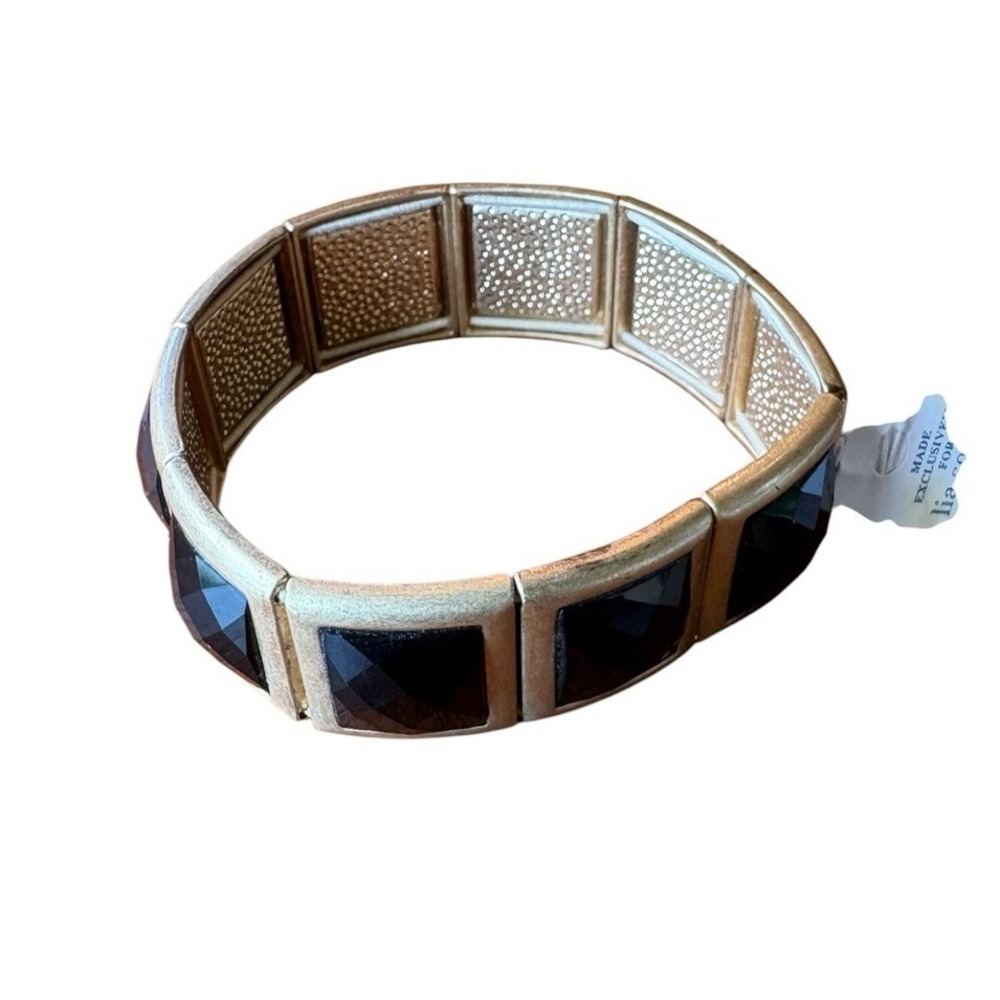 New with Tag Lia Sophia Gold Tone Stretch Bracelet Black Rhinestone 7in diameter